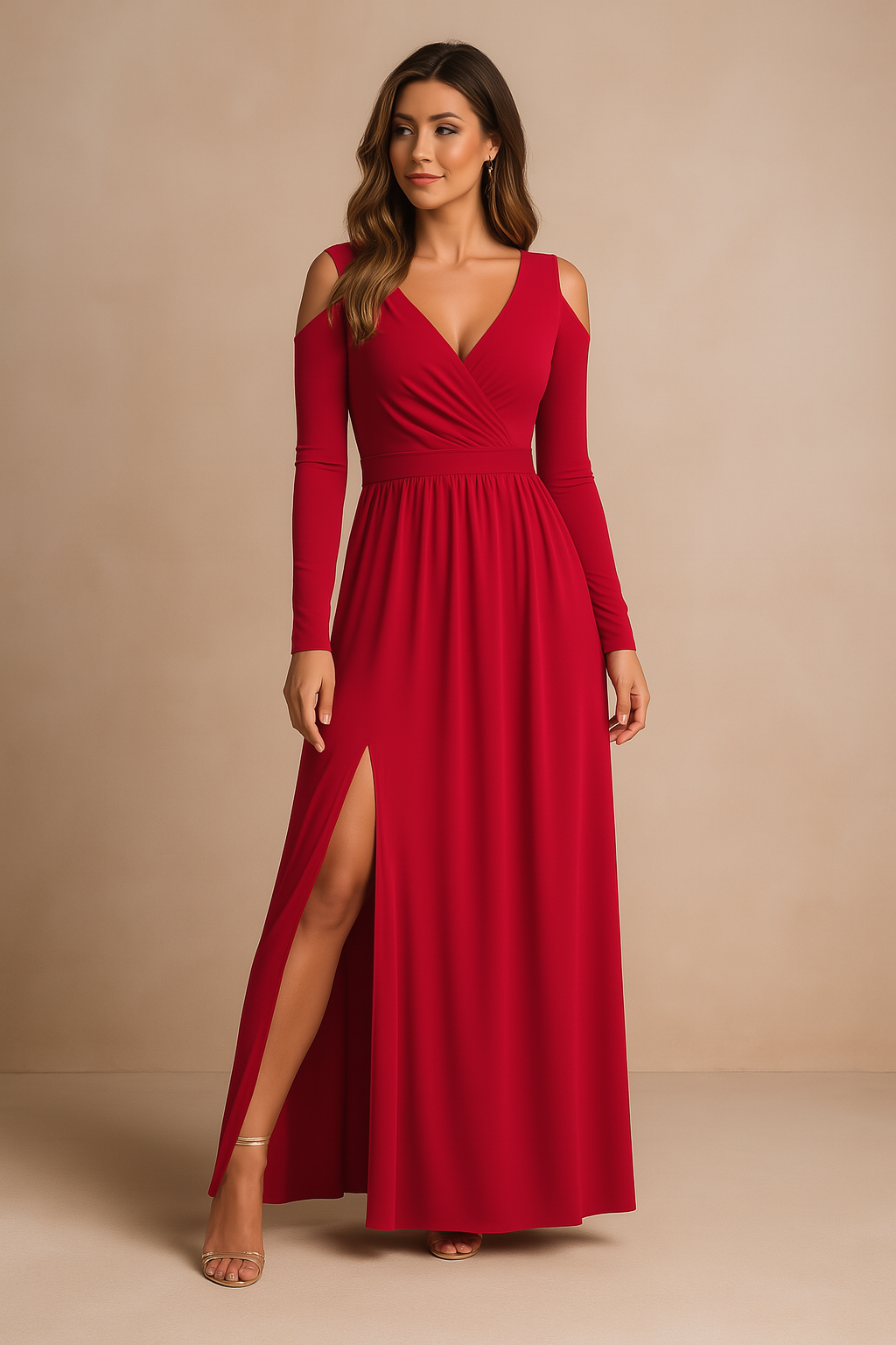 Maxikleid Damen schwarz figurbetont mit V-Ausschnitt und langen Ärmeln - 2 - Atelier-Zofia