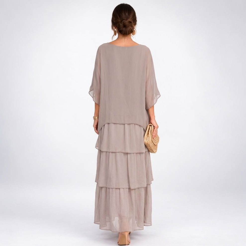 Maxikleid Damen beige weit mit Stufen und kurzen Ärmeln - 2 - Atelier-Zofia