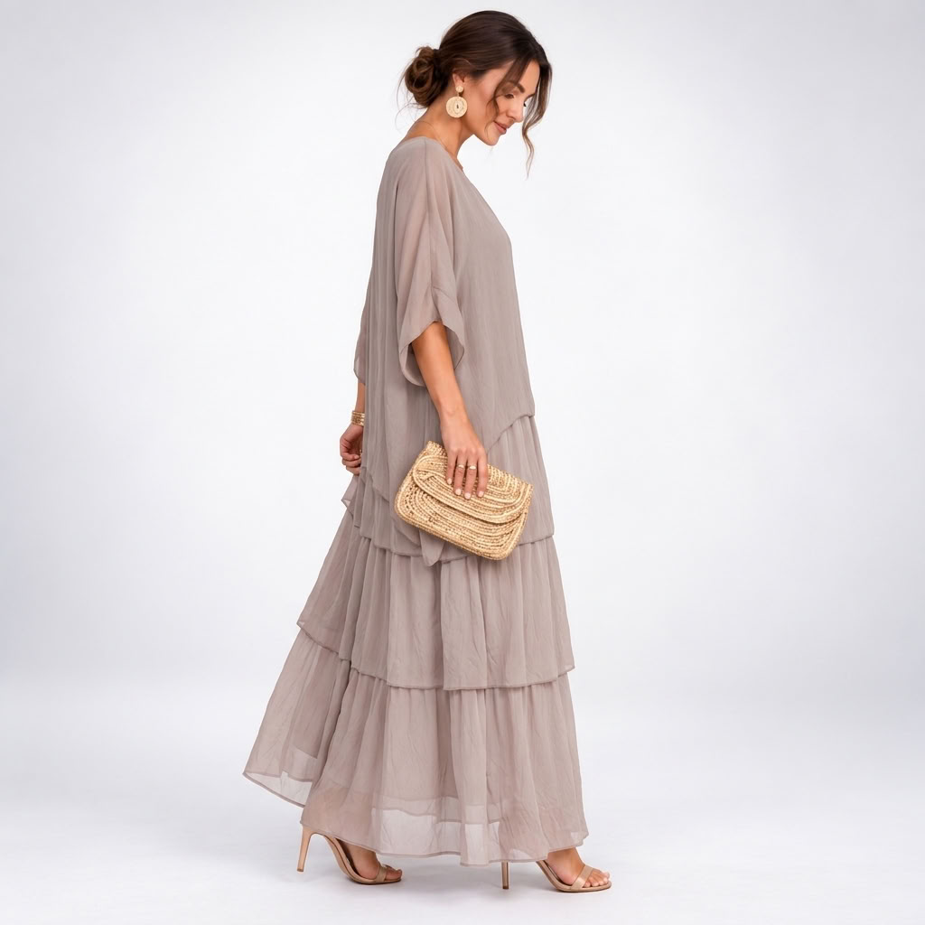 Maxikleid Damen beige weit mit Stufen und kurzen Ärmeln - 3 - Atelier-Zofia