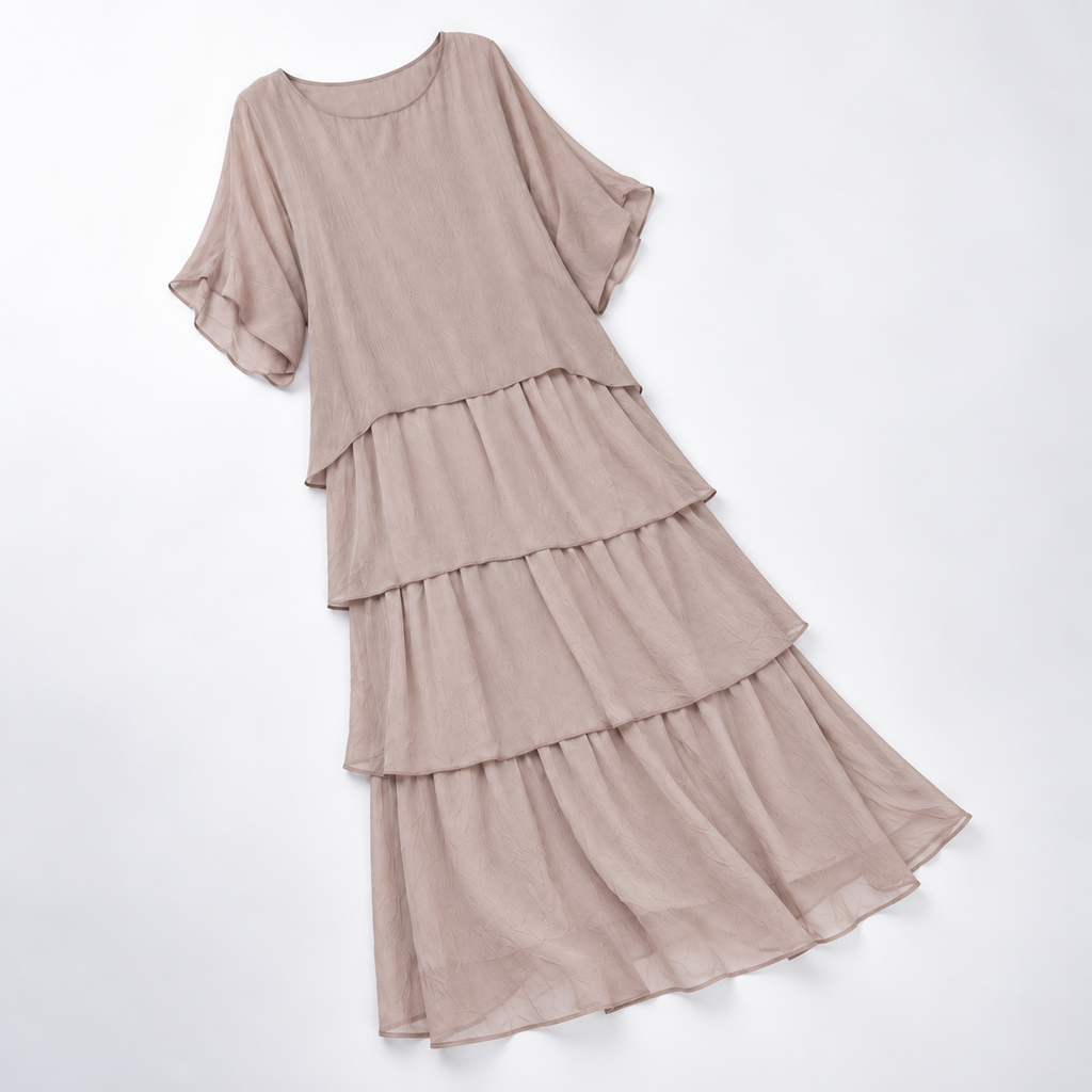 Maxikleid Damen beige weit mit Stufen und kurzen Ärmeln - 4 - Atelier-Zofia