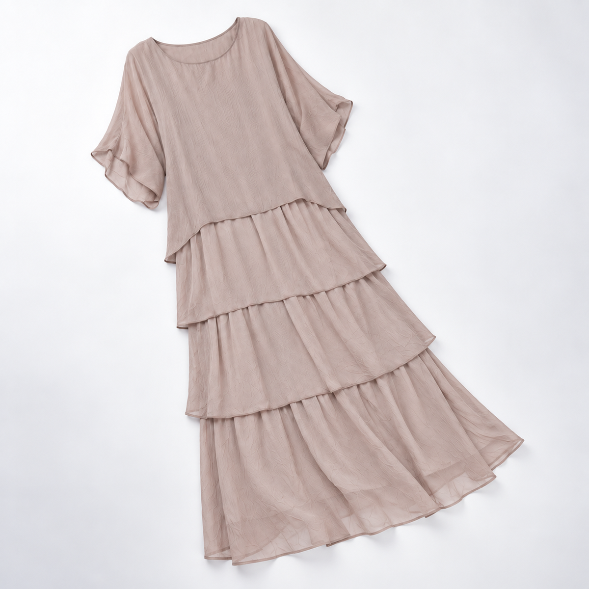 Maxikleid Damen beige weit mit Stufen und kurzen Ärmeln - 4 - Atelier-Zofia