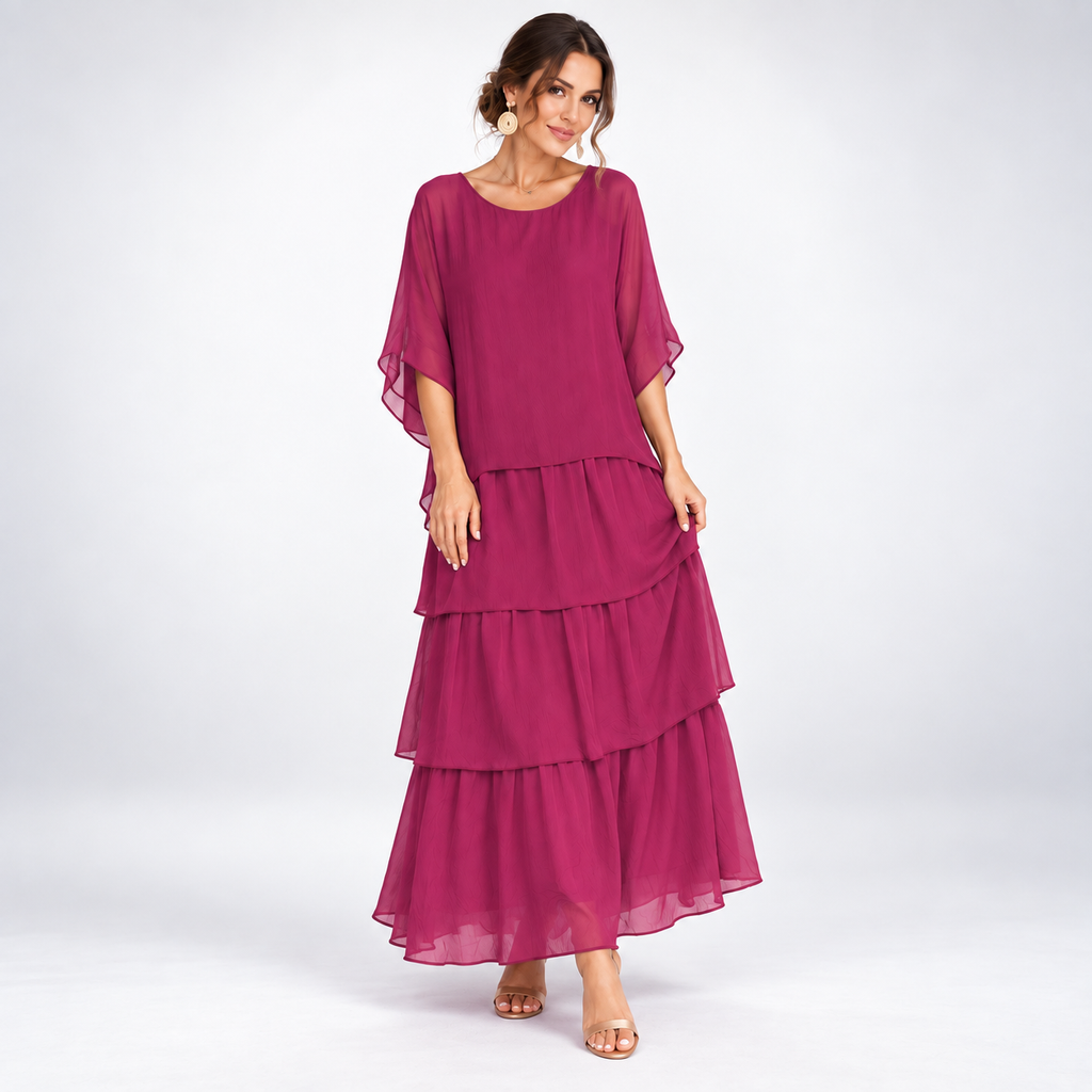 Maxikleid Damen beige weit mit Stufen und kurzen Ärmeln - 6 - Atelier-Zofia