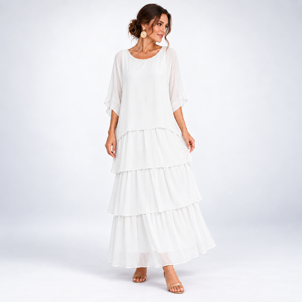 Maxikleid Damen beige weit mit Stufen und kurzen Ärmeln - 9 - Atelier-Zofia