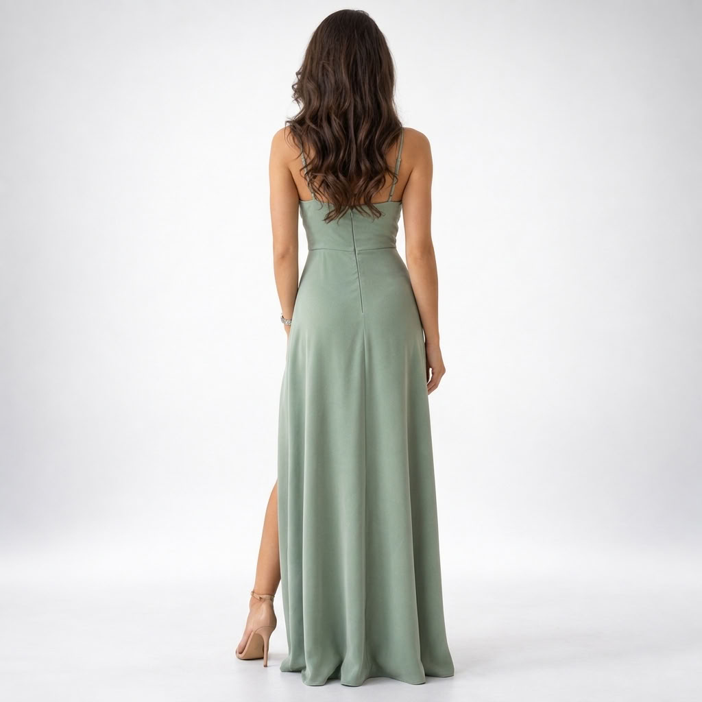 Maxikleid Damen grün figurbetont mit V-Ausschnitt und Schlitz - 2 - Atelier-Zofia