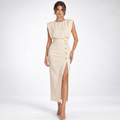 Maxikleid Damen creme figurbetont mit Knopfdesign - 1 - Atelier-Zofia