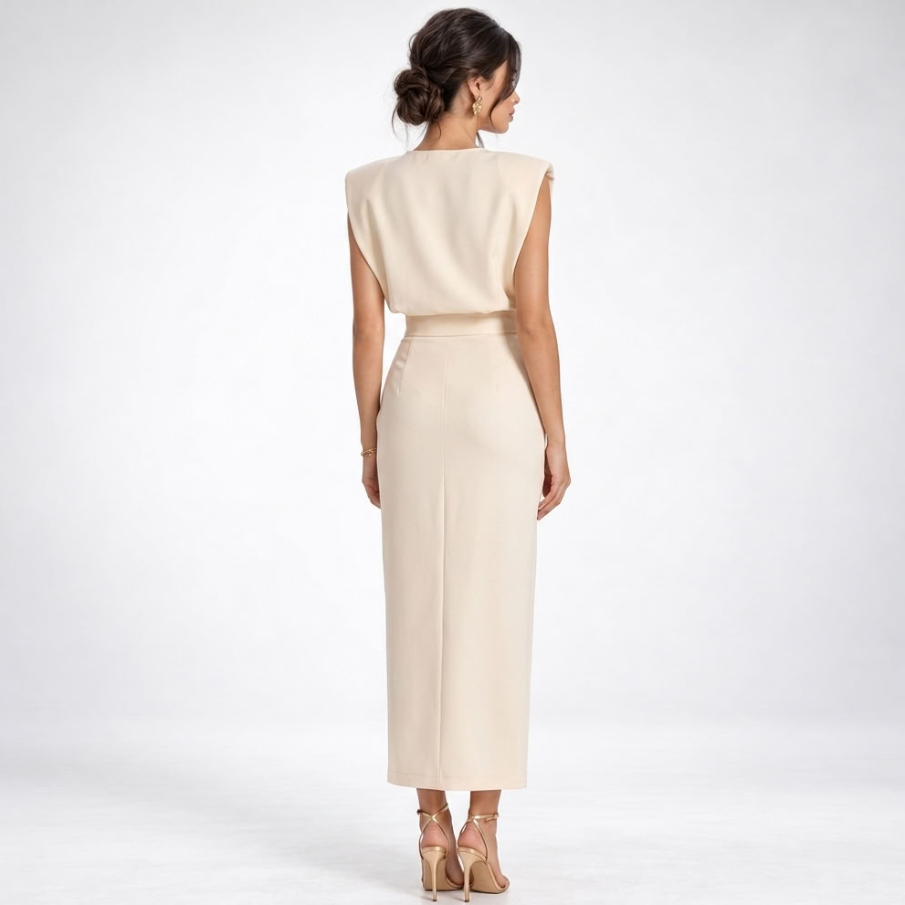 Maxikleid Damen creme figurbetont mit Knopfdesign - 2 - Atelier-Zofia