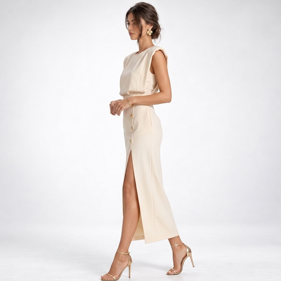 Maxikleid Damen creme figurbetont mit Knopfdesign - 3 - Atelier-Zofia