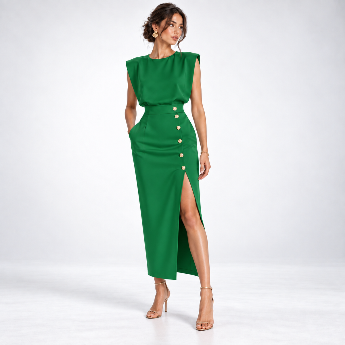 Maxikleid Damen creme figurbetont mit Knopfdesign - 7 - Atelier-Zofia