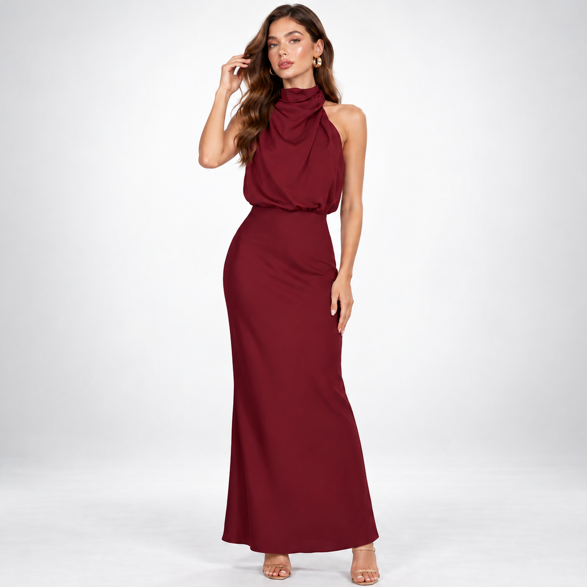 Maxikleid Damen rot figurbetont mit Stehkragen - 1 - Atelier-Zofia