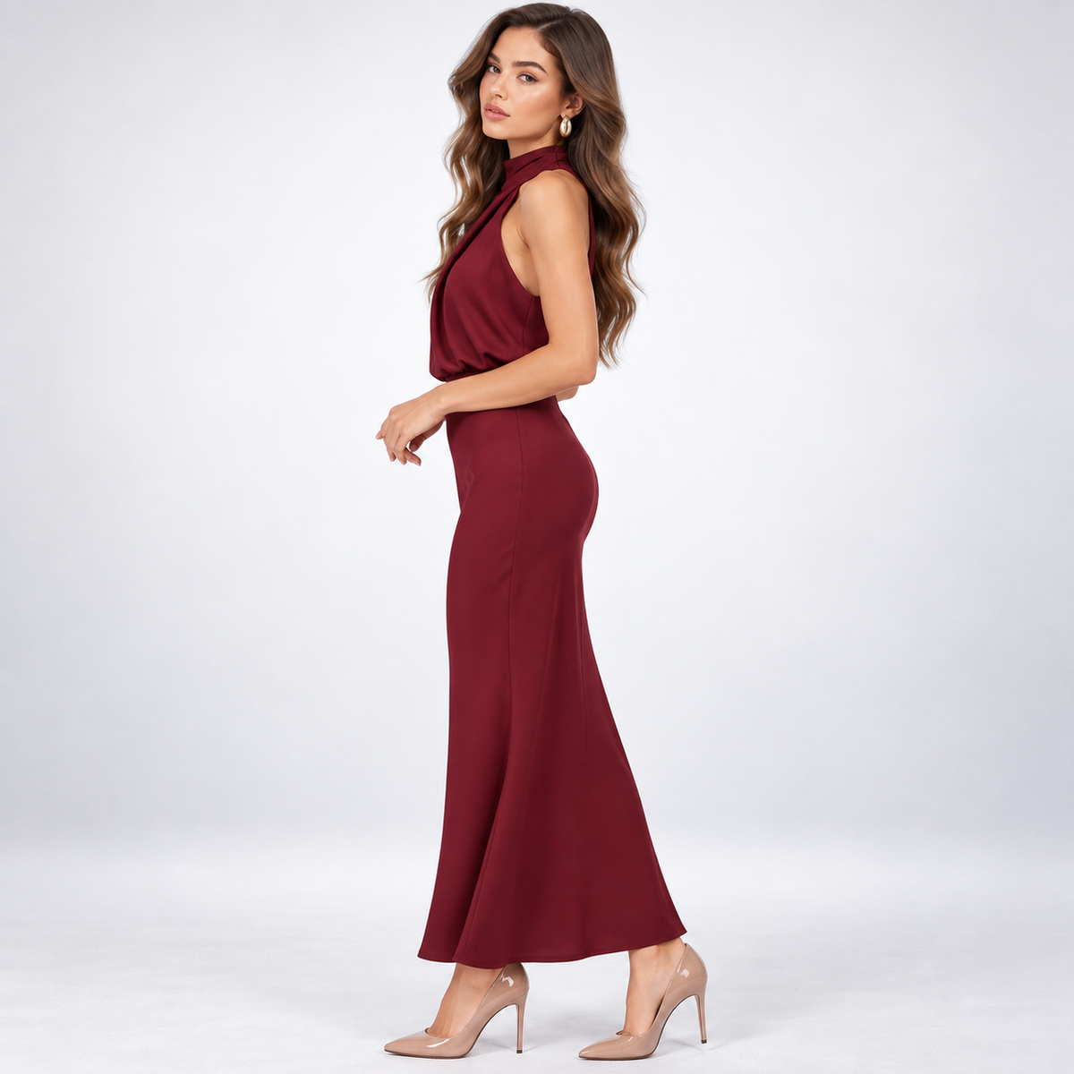 Maxikleid Damen rot figurbetont mit Stehkragen - 3 - Atelier-Zofia