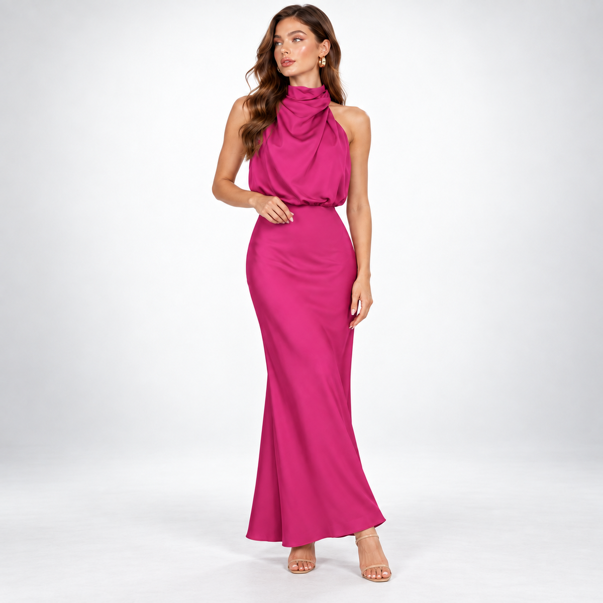 Maxikleid Damen rot figurbetont mit Stehkragen - 6 - Atelier-Zofia