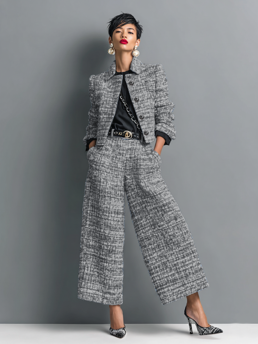 Outfit Damen grau tailliert mit weitem Schnitt und auffälligen Knöpfen - 1 - Atelier-Zofia