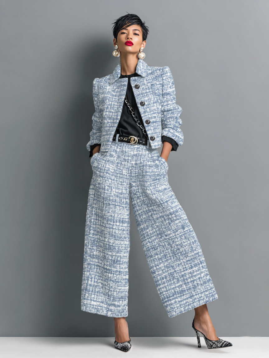 Outfit Damen grau tailliert mit weitem Schnitt und auffälligen Knöpfen - 3 - Atelier-Zofia