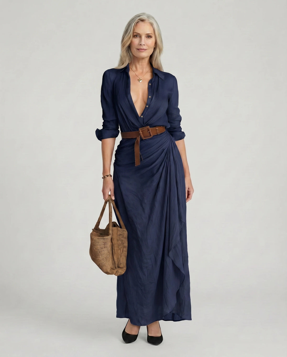 Maxikleid Damen beige figurbetont mit Hemdkragen und Taillengürtel - 3 - Atelier-Zofia
