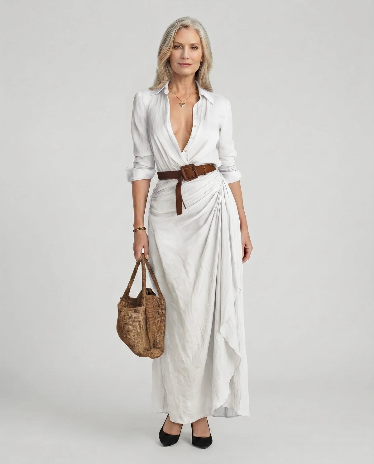 Maxikleid Damen beige figurbetont mit Hemdkragen und Taillengürtel - 4 - Atelier-Zofia