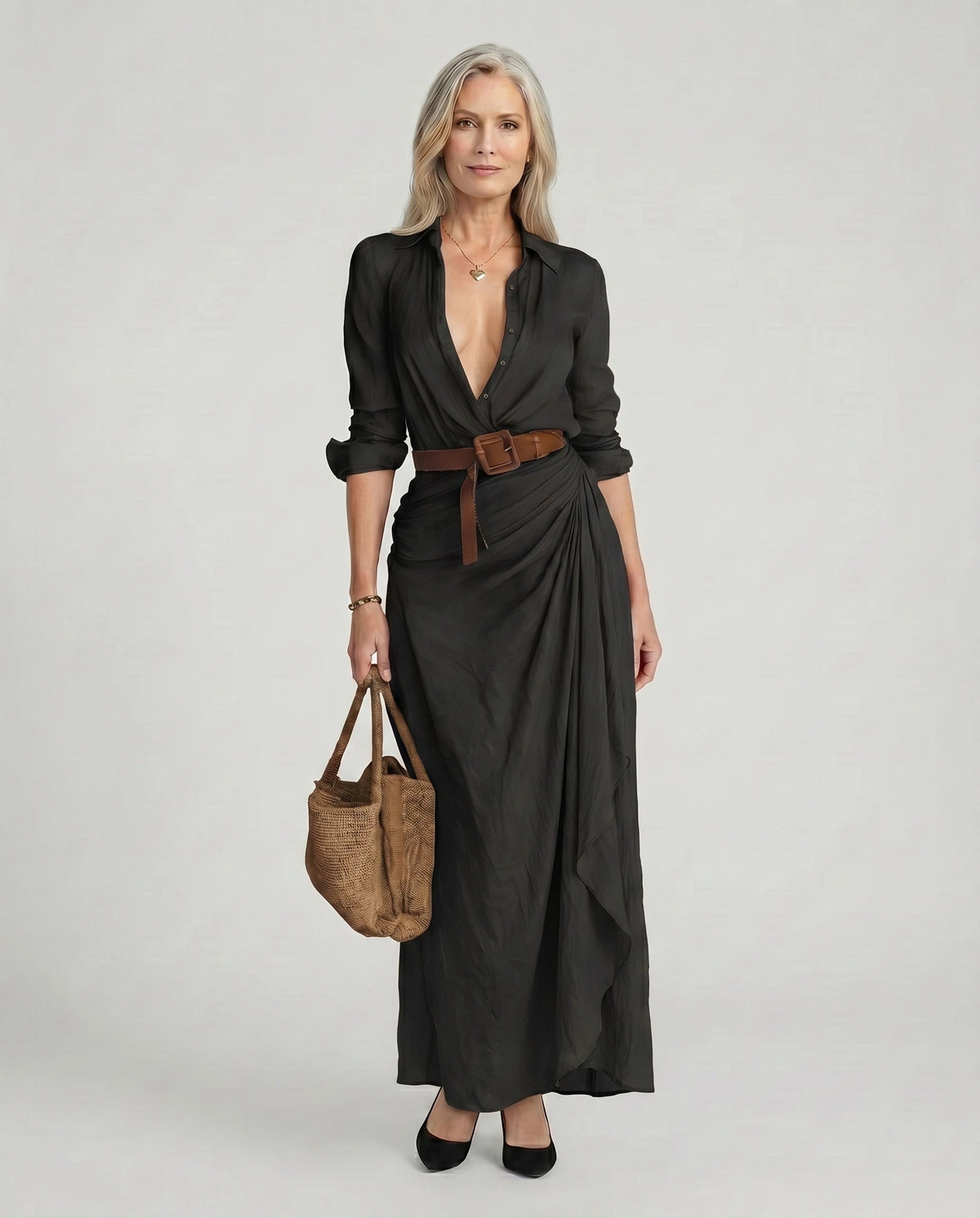 Maxikleid Damen beige figurbetont mit Hemdkragen und Taillengürtel - 5 - Atelier-Zofia