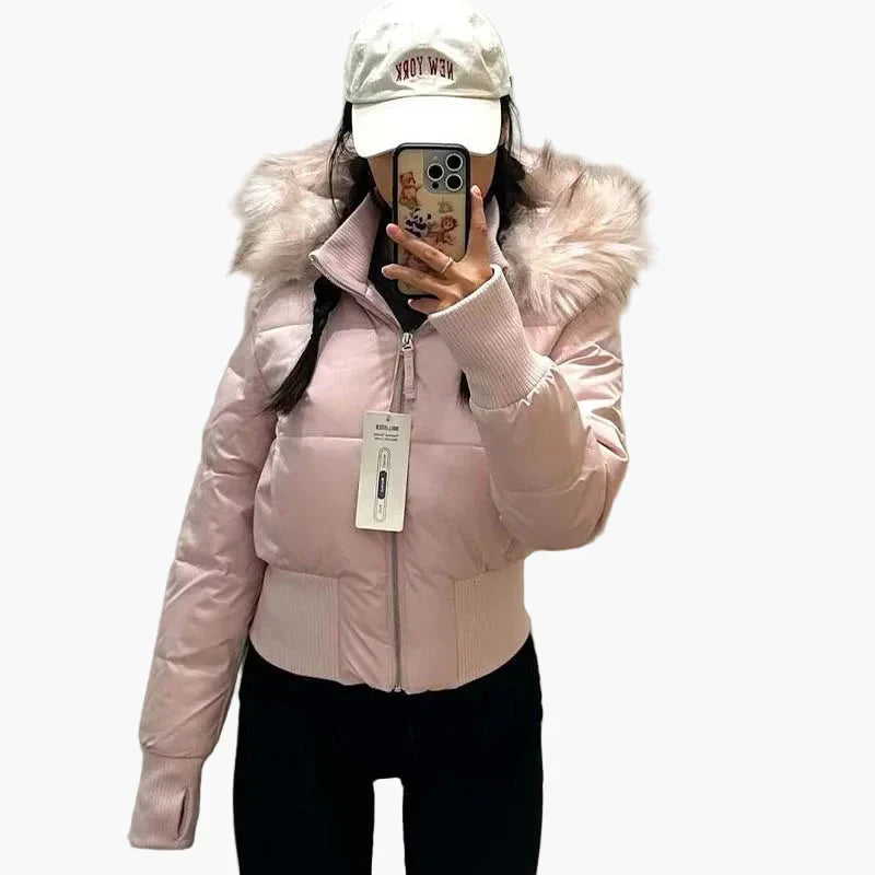 Damen Jacke rosa tailliert mit Kapuze und Kunstfell - 3 - Atelier-Zofia