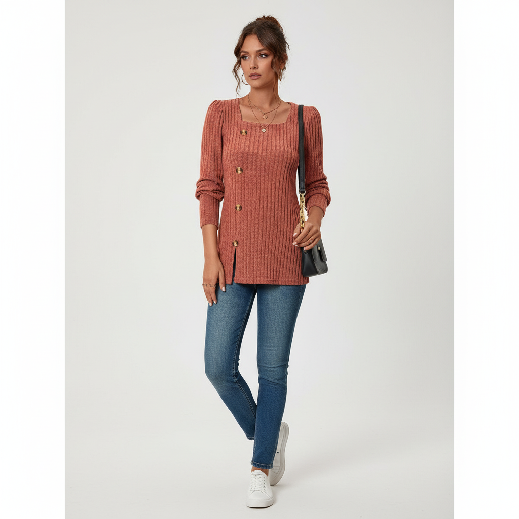 Pullover Damen rot figurbetont mit quadratischem Ausschnitt - 4 - Atelier-Zofia