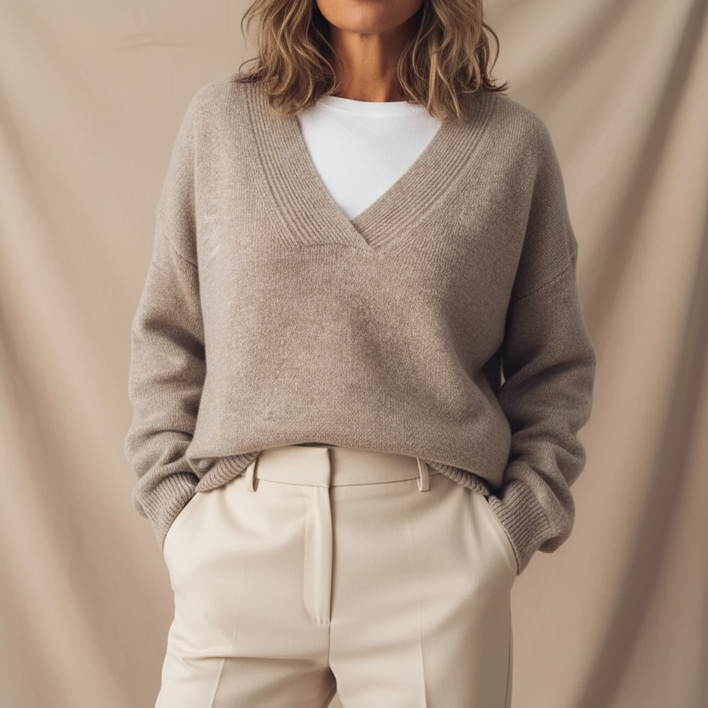 Pullover Damen beige weit mit V-Ausschnitt - 1 - Atelier-Zofia