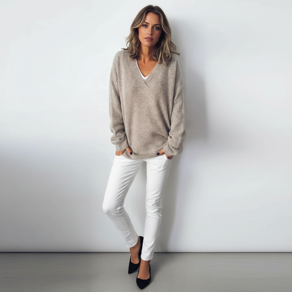 Pullover Damen beige weit mit V-Ausschnitt - 2 - Atelier-Zofia