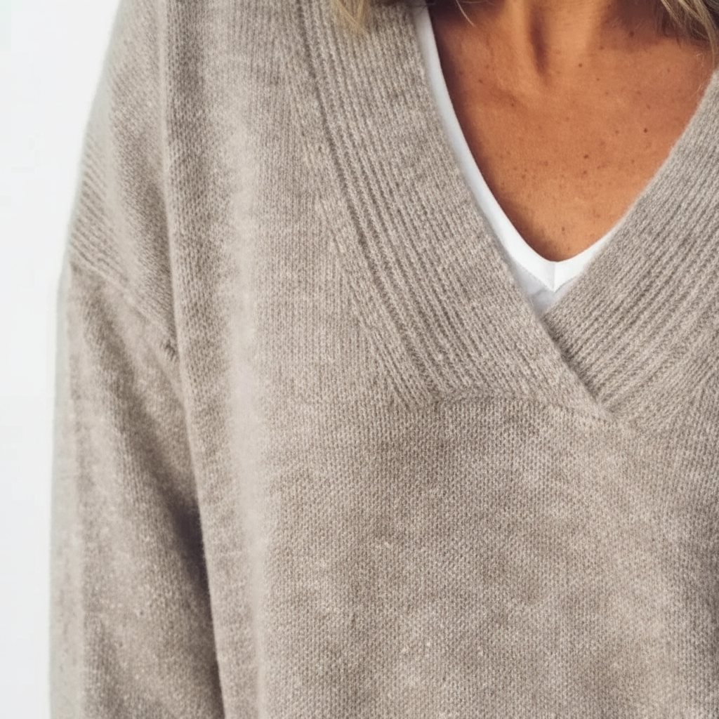 Pullover Damen beige weit mit V-Ausschnitt - 3 - Atelier-Zofia