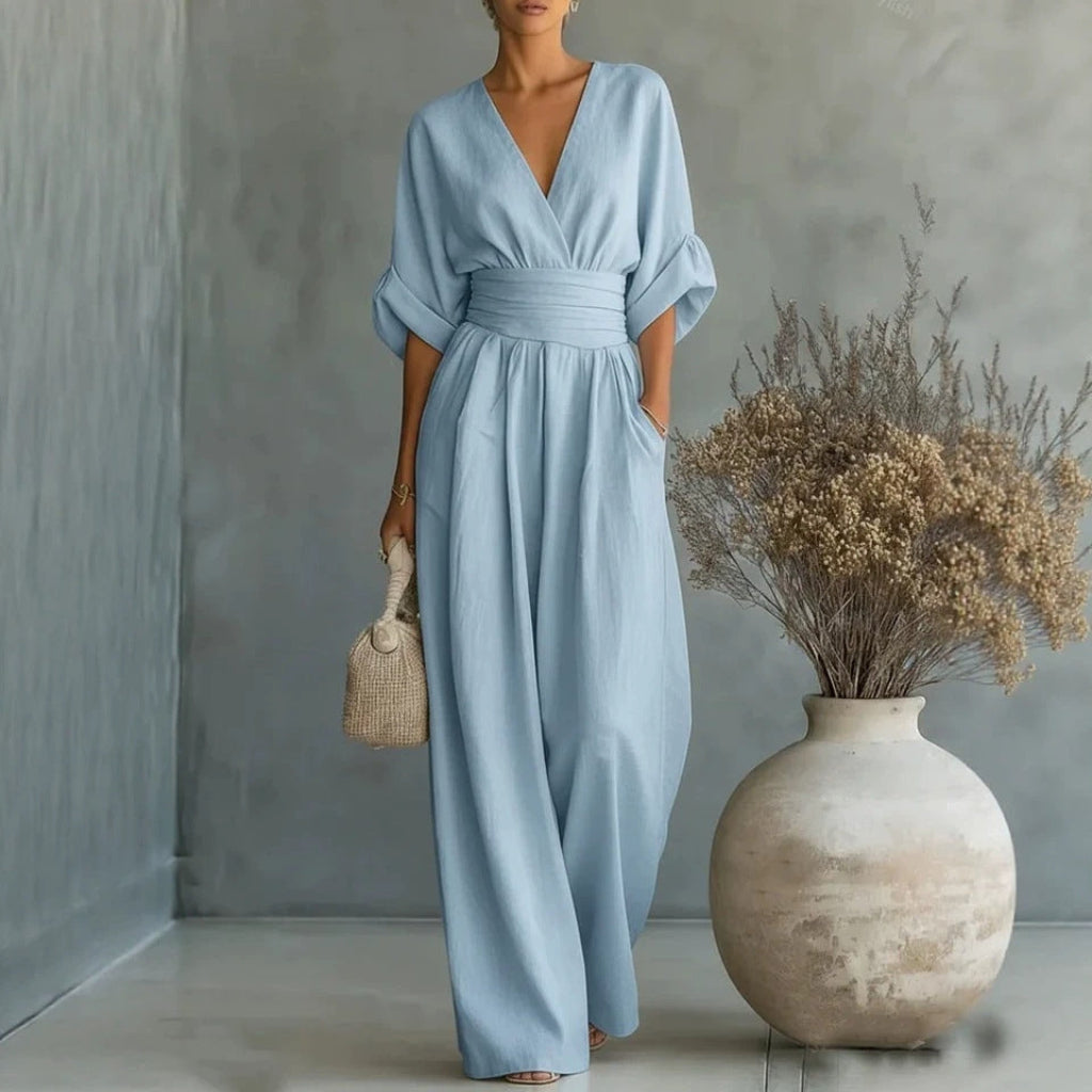 Jumpsuit Damen schwarz figurbetont mit V-Ausschnitt und Puffärmeln - 2 - Atelier-Zofia