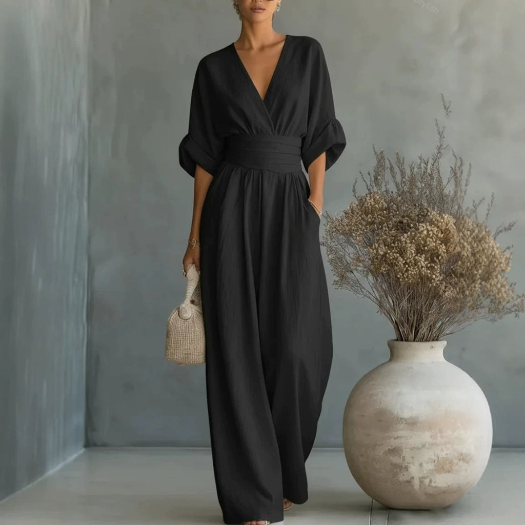 Jumpsuit Damen schwarz figurbetont mit V-Ausschnitt und Puffärmeln - 3 - Atelier-Zofia
