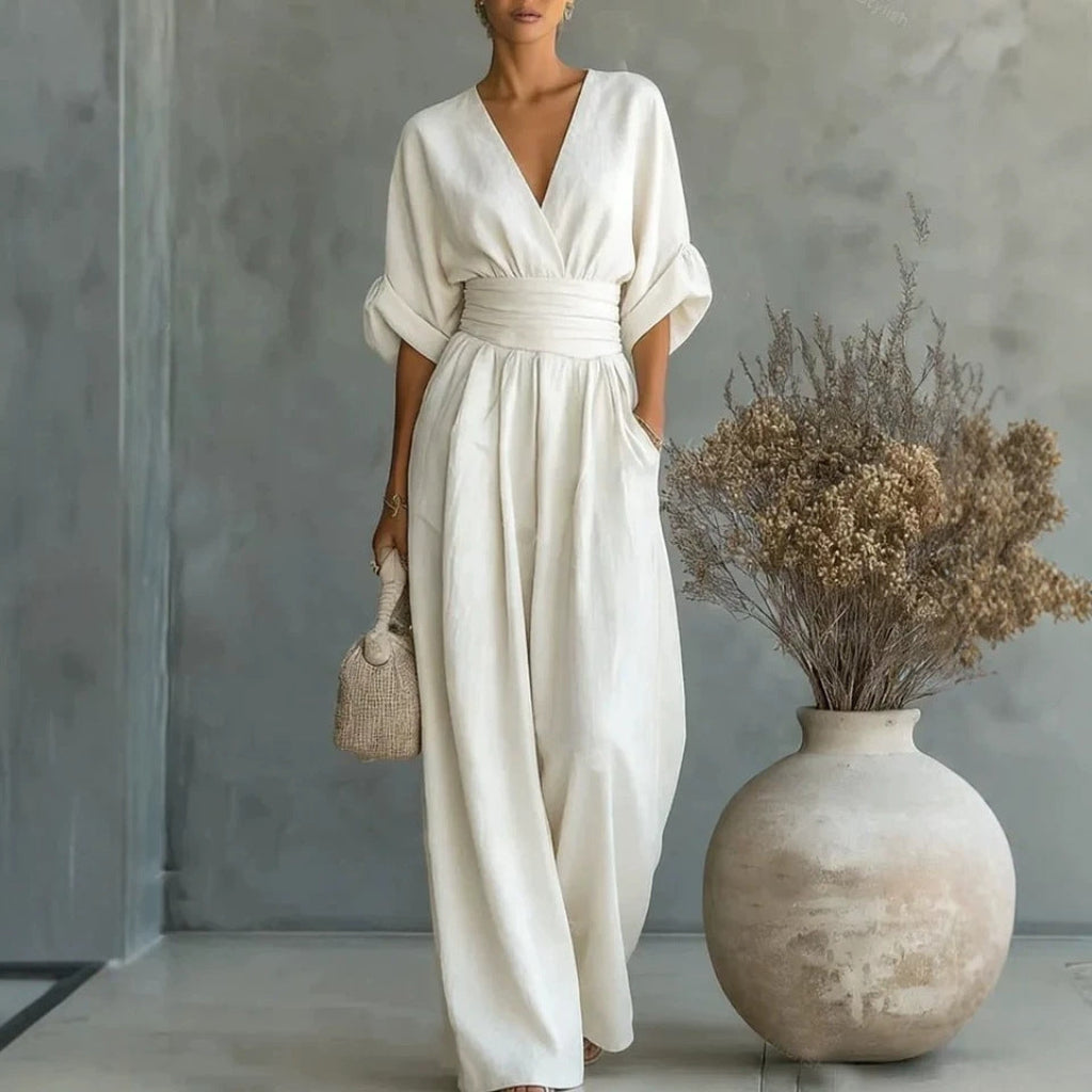 Jumpsuit Damen schwarz figurbetont mit V-Ausschnitt und Puffärmeln - 4 - Atelier-Zofia