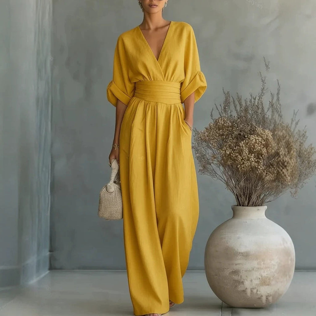 Jumpsuit Damen schwarz figurbetont mit V-Ausschnitt und Puffärmeln - 5 - Atelier-Zofia