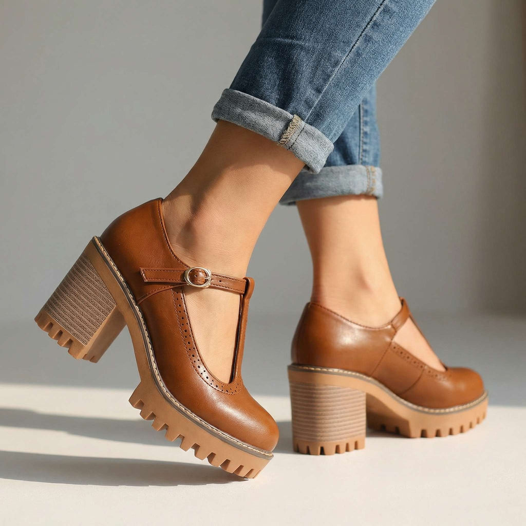 Heels Damen schwarz figurbetont mit T-Strap und Blockabsatz - 2 - Atelier-Zofia