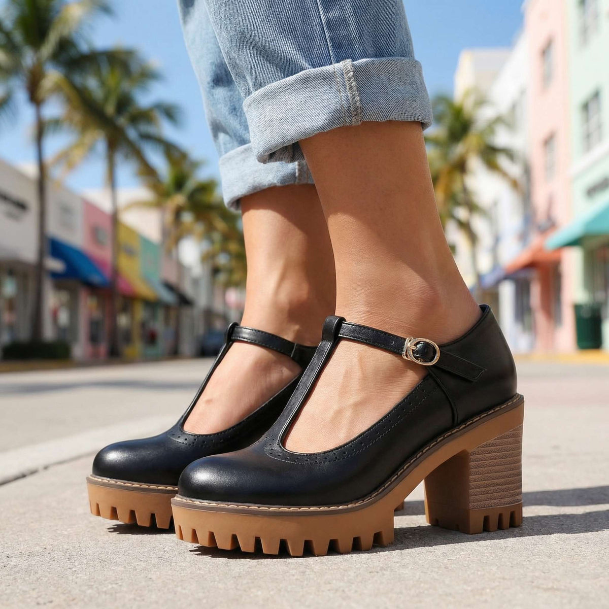 Heels Damen schwarz figurbetont mit T-Strap und Blockabsatz - 6 - Atelier-Zofia