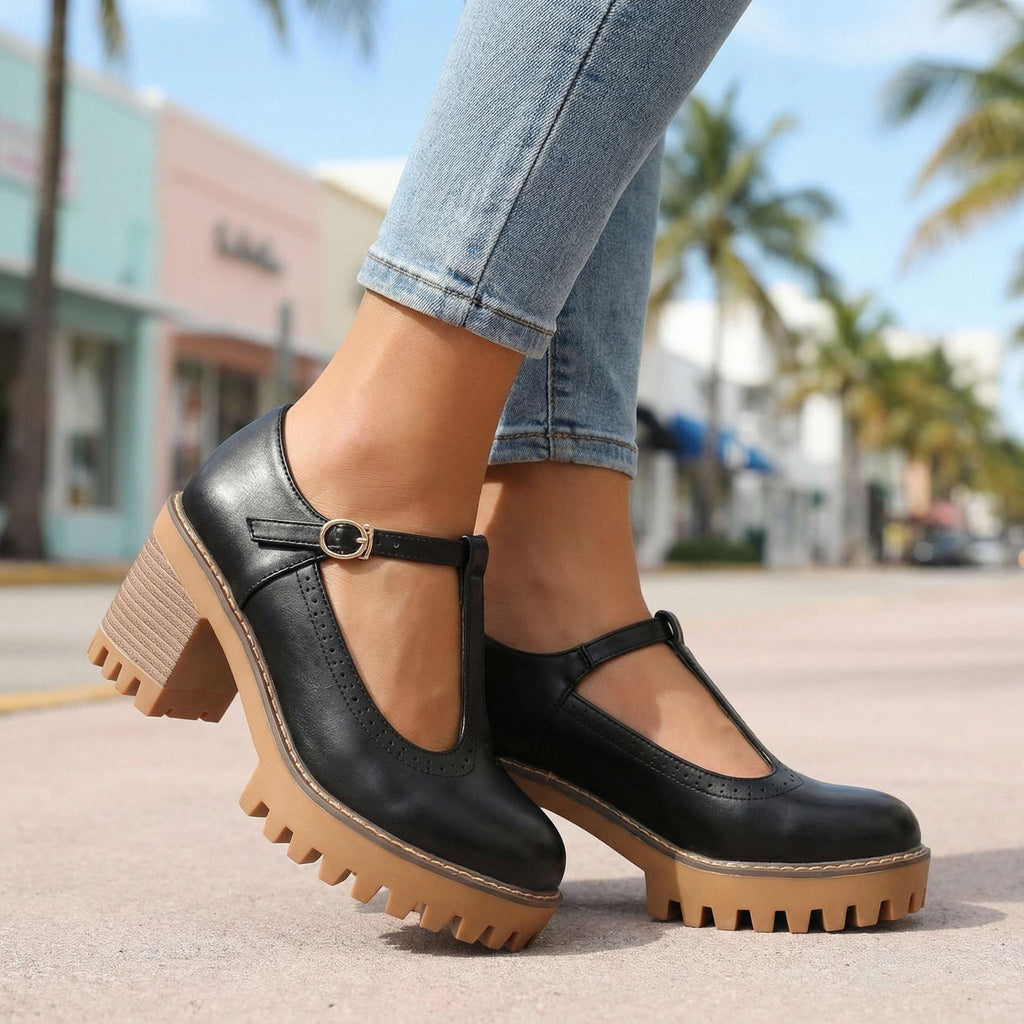 Heels Damen schwarz figurbetont mit T-Strap und Blockabsatz - 10 - Atelier-Zofia