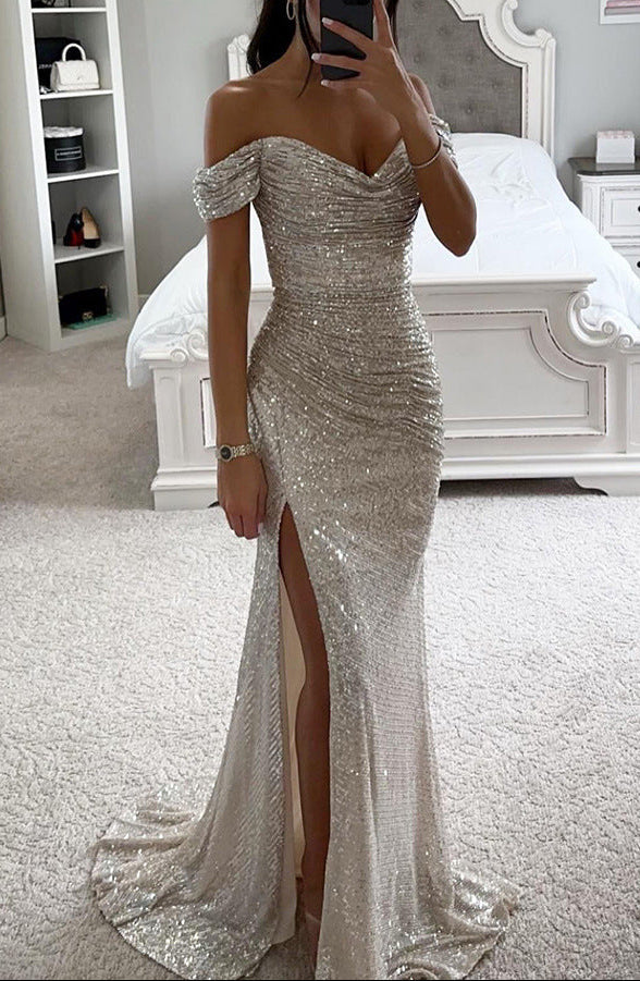 Maxikleid Damen blau figurbetont mit V-Ausschnitt und Seitenschlitz - 2 - Atelier-Zofia