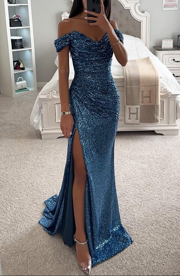 Maxikleid Damen blau figurbetont mit V-Ausschnitt und Seitenschlitz - 3 - Atelier-Zofia