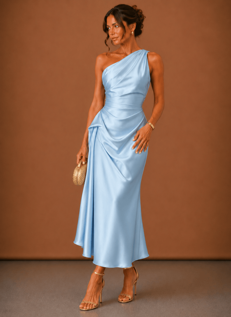 Abendkleid Damen himmelblau figurbetont mit asymmetrischem Ausschnitt - 1 - Atelier-Zofia