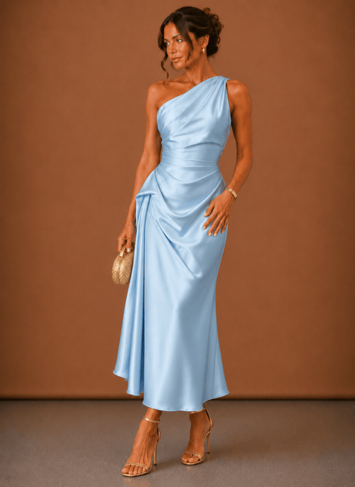 Abendkleid Damen himmelblau figurbetont mit asymmetrischem Ausschnitt - 1 - Atelier-Zofia