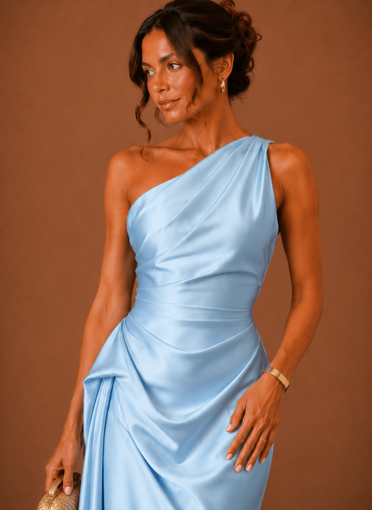Abendkleid Damen himmelblau figurbetont mit asymmetrischem Ausschnitt - 2 - Atelier-Zofia