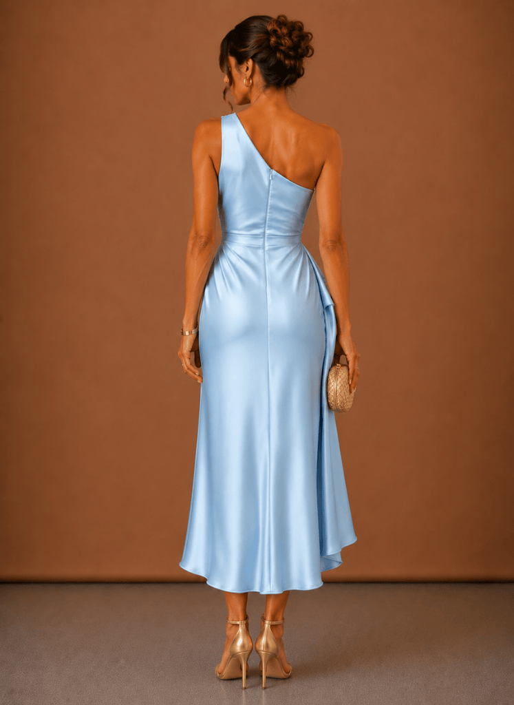 Abendkleid Damen himmelblau figurbetont mit asymmetrischem Ausschnitt - 3 - Atelier-Zofia