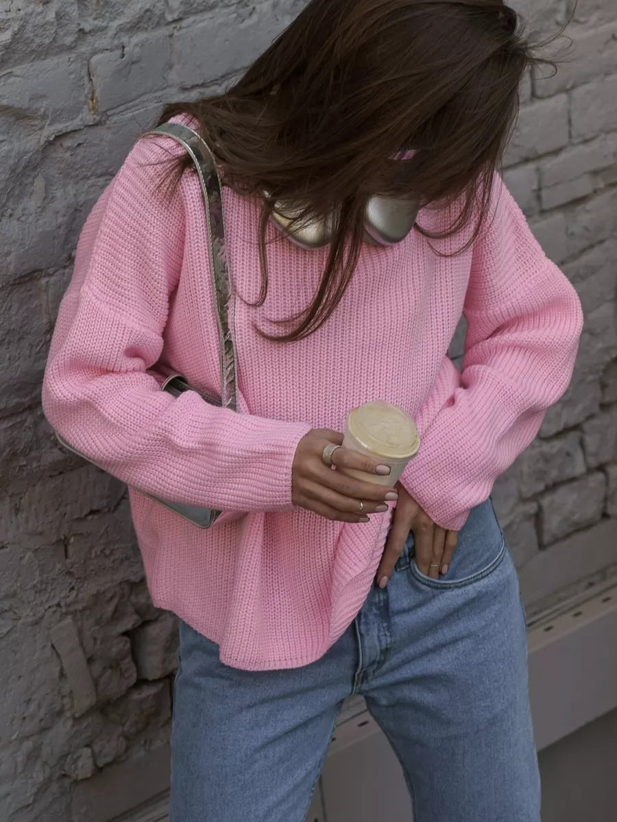 Pullover Damen beige weit mit Rundhalsausschnitt - 5 - Atelier-Zofia