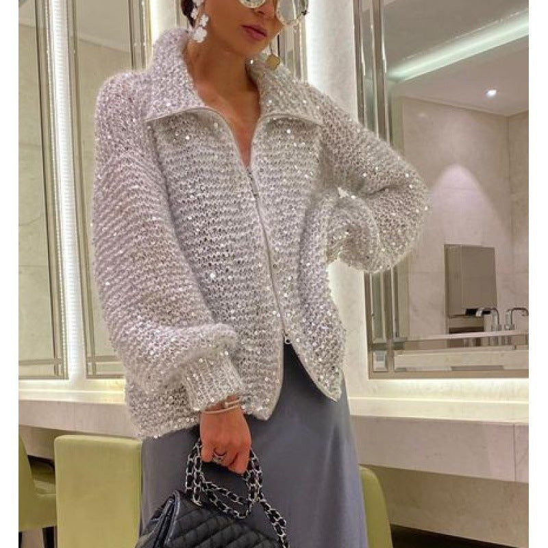 Cardigan Damen grau oversized mit Glitzerakzenten - 2 - Atelier-Zofia