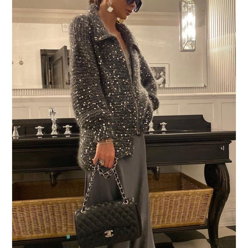 Cardigan Damen grau oversized mit Glitzerakzenten - 4 - Atelier-Zofia