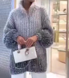 Cardigan Damen grau oversized mit Glitzerakzenten - 5 - Atelier-Zofia