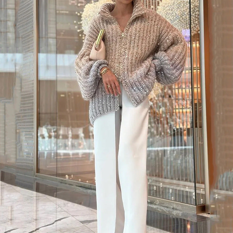 Cardigan Damen grau oversized mit Glitzerakzenten - 7 - Atelier-Zofia