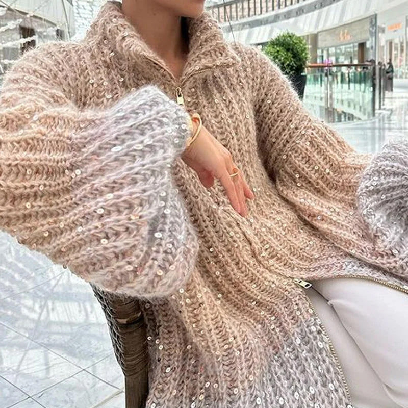 Cardigan Damen grau oversized mit Glitzerakzenten - 8 - Atelier-Zofia