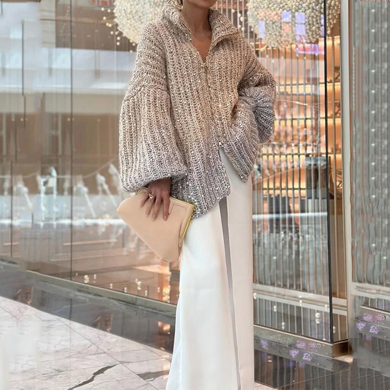 Cardigan Damen grau oversized mit Glitzerakzenten - 9 - Atelier-Zofia
