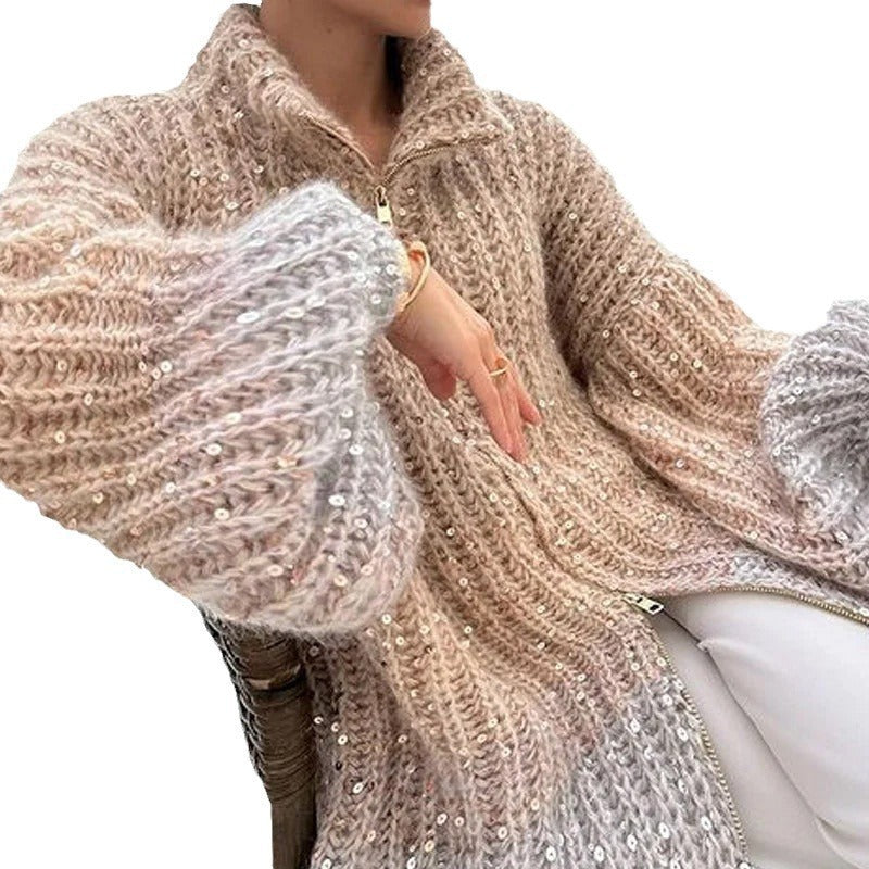 Cardigan Damen grau oversized mit Glitzerakzenten - 10 - Atelier-Zofia