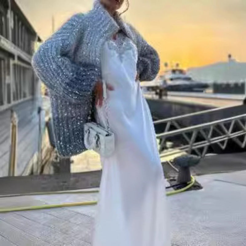 Cardigan Damen grau oversized mit Glitzerakzenten - 11 - Atelier-Zofia
