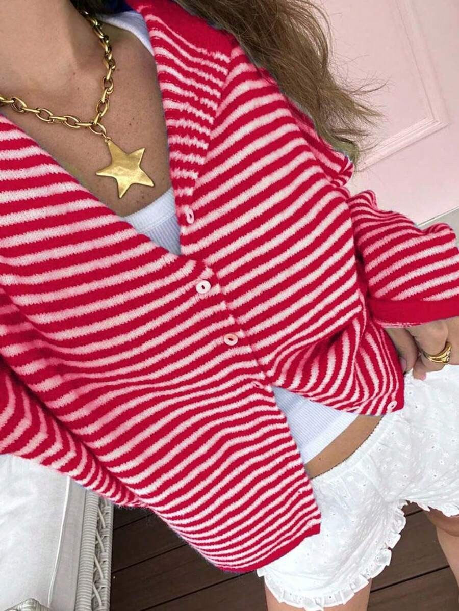 Cardigan Damen rot gestreift mit Knopfleiste und langen Ärmeln - 3 - Atelier-Zofia