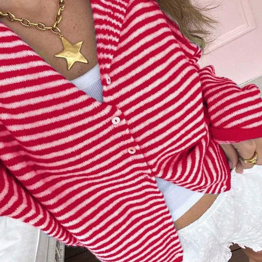 Cardigan Damen rot gestreift mit Knopfleiste und langen Ärmeln - 8 - Atelier-Zofia