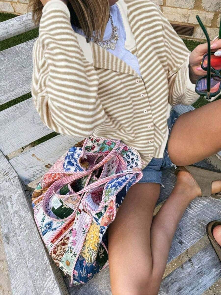 Cardigan Damen rot gestreift mit Knopfleiste und langen Ärmeln - 10 - Atelier-Zofia